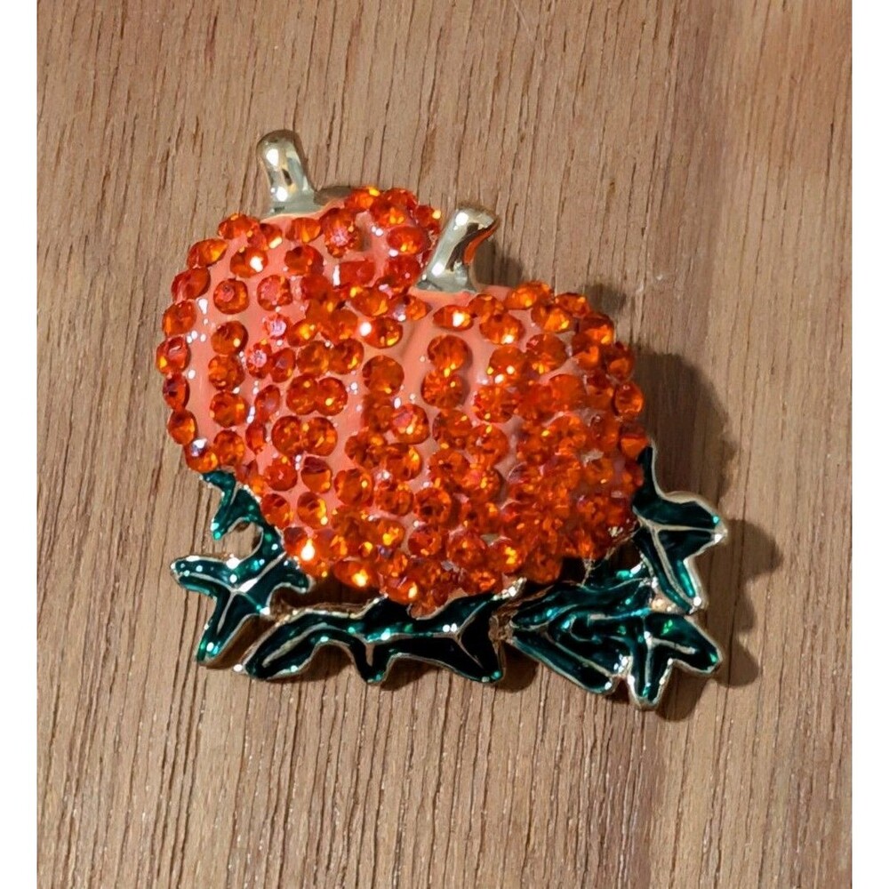 Orange Rhinestone Pumpkin Brooch Pin Thanksgiving Harvest Gold Tone